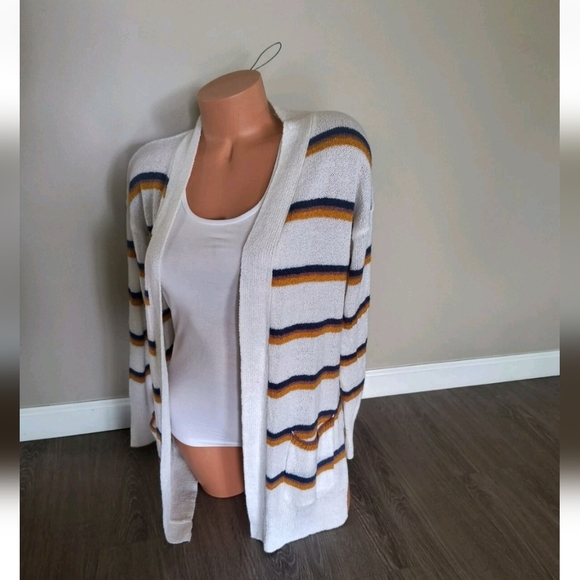 SO Women's Striped Print Open Front Cardigan Beach Wear Sweater LS Size M - Picture 1 of 5